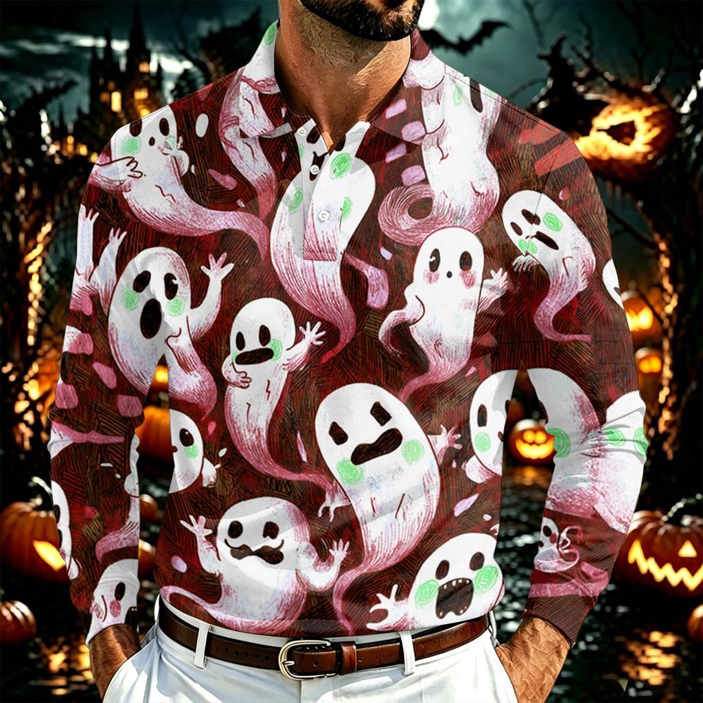 Herren Langarm Poloshirt Leichtes Atmungsaktives Netzgewebe Lässiges Hemd mit Knöpfen Halloween Geister-Aufdruck Design