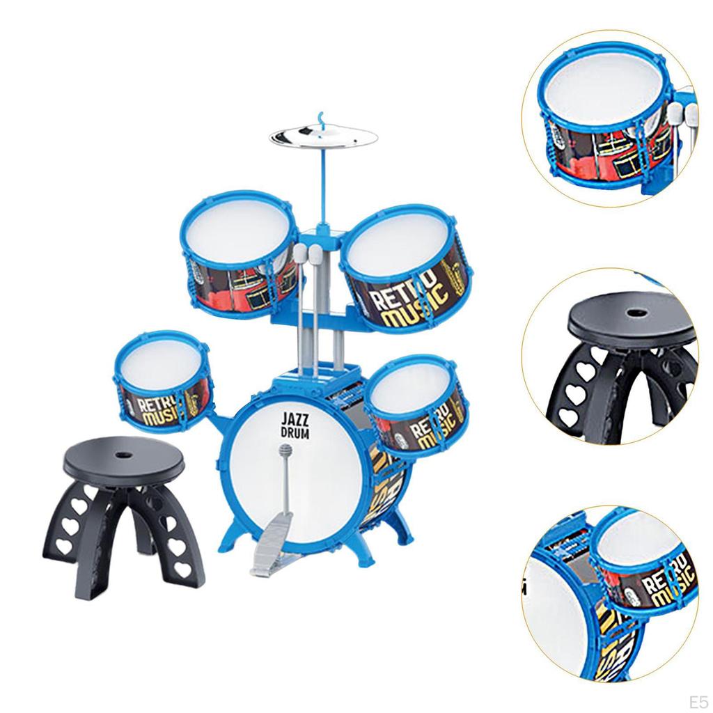 Beginner Kids Drum Set Includes Drumsticks Stool Boys Girls PVC Development Music Toy Educational