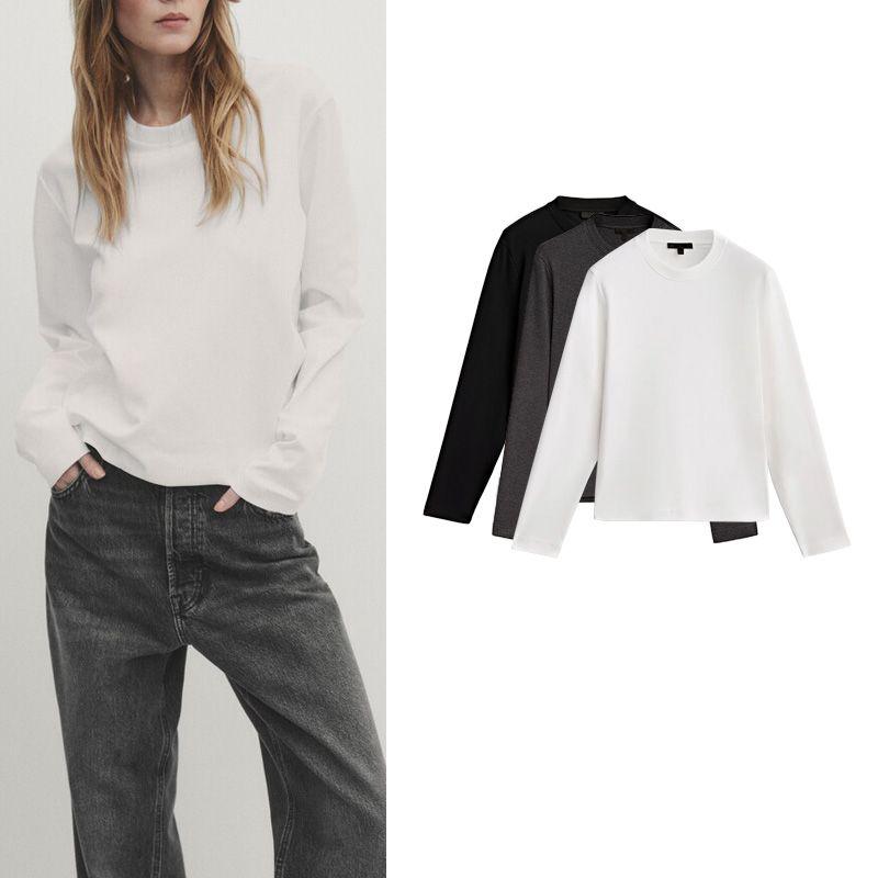 MD Spring New Arrival Women's Clothing Minimalist Style Basic All-Matching round Neck Cotton Base Long Sleeves Heavy Weight T-shirt 6884905