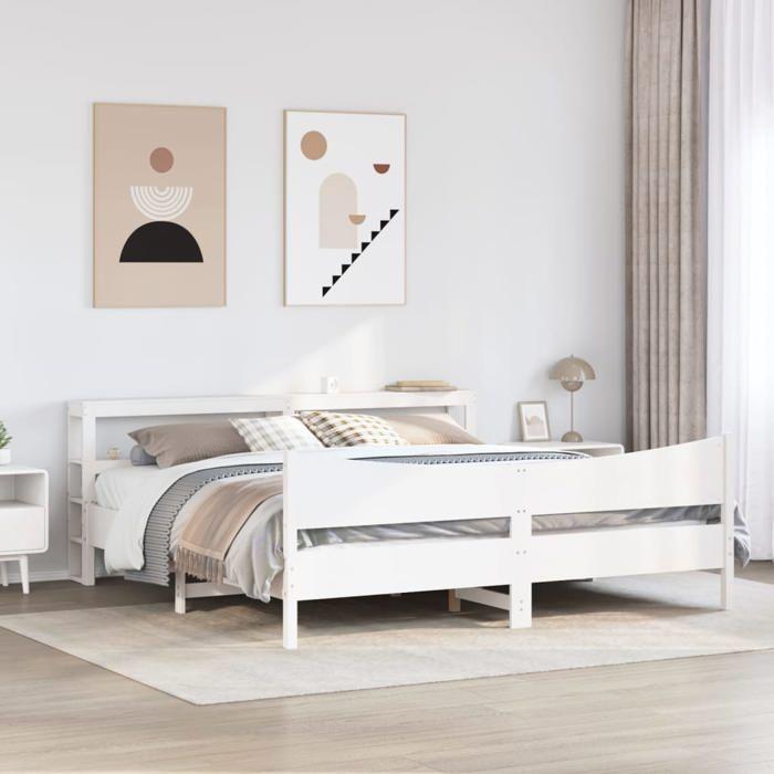 VidaXL Cadre de lit et tête de lit blanc 200x200 cm bois de pin massif, sommier, cadre de lit double, cadre de lit en bois 3306292