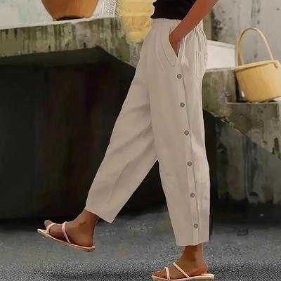 Plus Size Women's Solid Color Casual Straight-Leg Button Pants Dark Blue Comfortable All Season Wear No Stretch Pants
