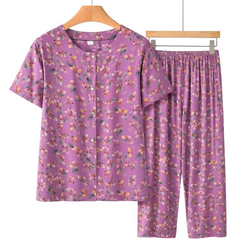 Datang Furen Mid-Aged Women's Floral Print Short Sleeve Capri Loungewear Set