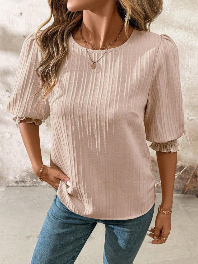 Top dla dziewczynki z bufiastymi rękawami w podwójne paski, rękawami z kwiatami i jednolitym kolorem