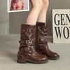 Dámské kotníkové boty na platformě s širokou podrážkou, univerzální designový cit, podzim a zima 2025, nové, s přezkou, střední délka, westernové kovbojské boty