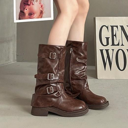 Thick-soled Trouser Tube Boots Women's Versatile Design Sense 2025 Autumn and Winter New Belt Buckle Medium Tube Stacking Boots Western Cowboy Boots