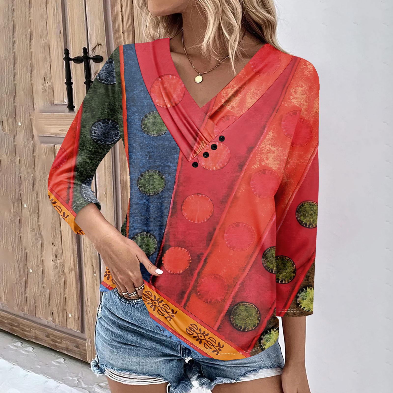 

Женские повседневные футболки с рукавом 3/4 для выходных с V-образным вырезом и принтом, свободные плиссированные футболки, женская блузка XL арбуз красный