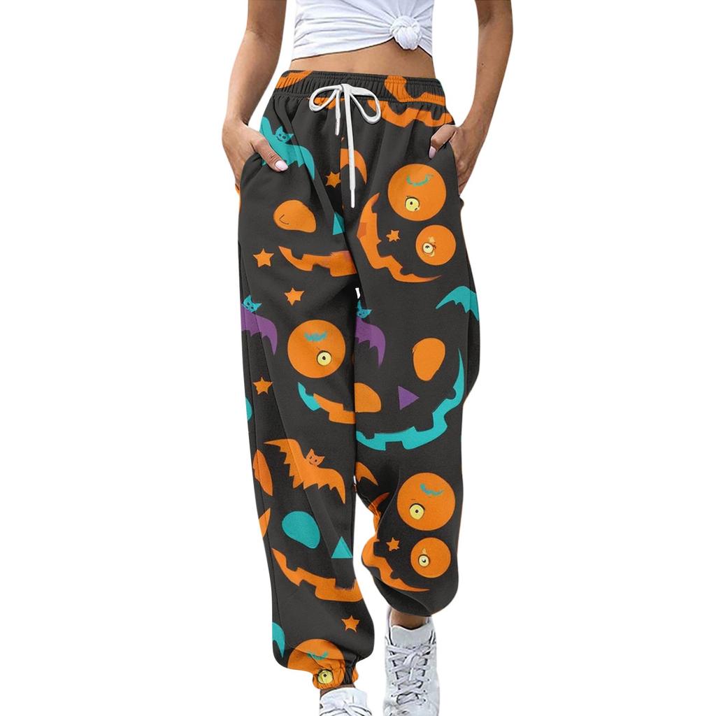 Damsportbyxor med fickor Mode Halloweentryck Elastisk midja Byxor Casual Sweatpants Byxor
