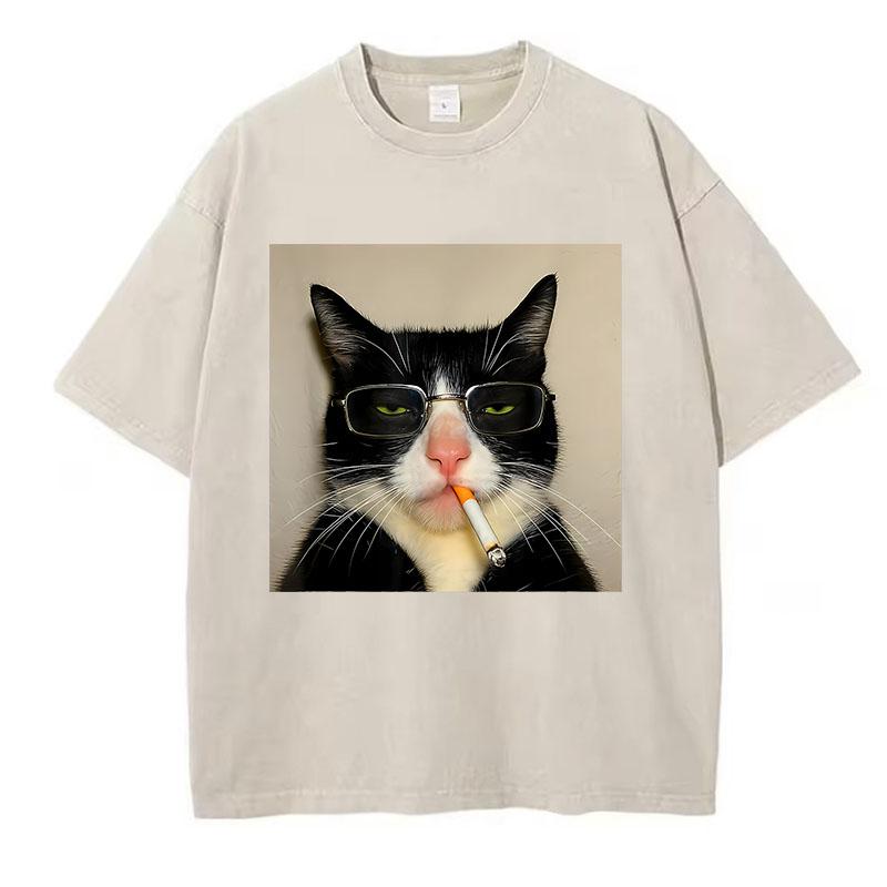 Oversize Cool T Shirt Vintage Washed Cotton T-Shirt Hip Hop Smoking Cat Graphic Tee Casual Streetwear Spring Summer