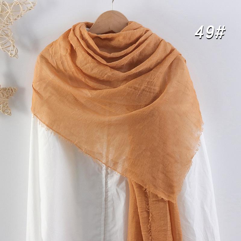 Crinkled Cotton-Linen Blend Scarf with Fringe - Solid Color, 90x180cm, Women's Headscarf
