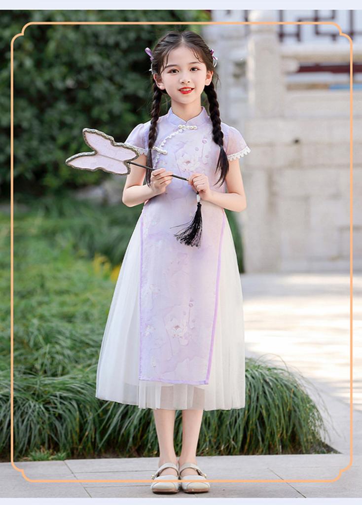 Girls' Cheongsam Dress 26 Summer New Style Chinese Style Dress New Chinese Mesh Splicing Cheongsam Dress