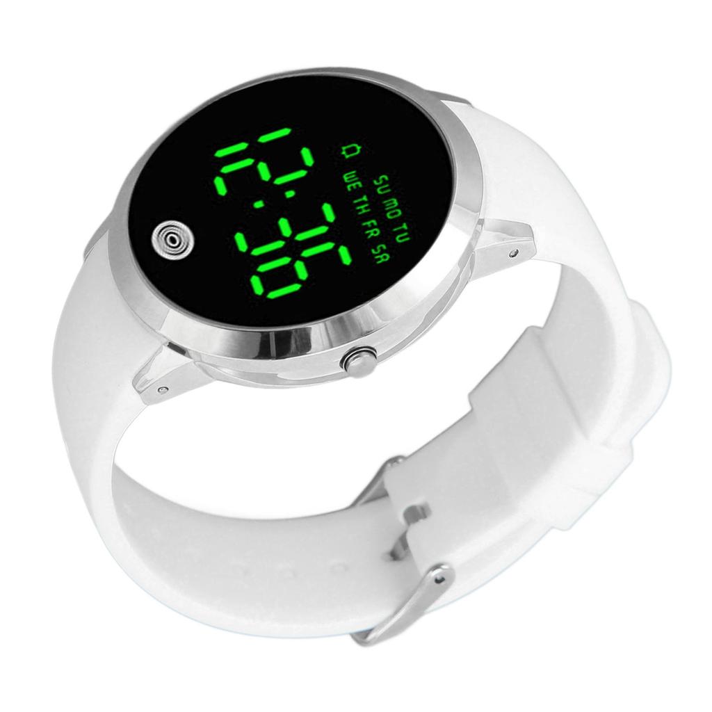 Men Digital Watch Round Color Screen Waterproof Backlit Ultra Thin Stylish Alarm Sports Watch Silver Shell White Belt