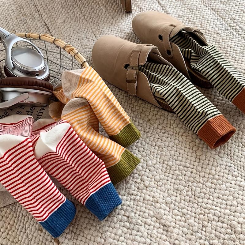 5 Pairs Women's Striped Crew Socks - Preppy Casual Thick Stacked Socks with Side Stripes, Multi-Color Combinations for Fall Winter Warmth Ruffle Socks