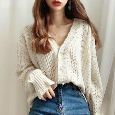 Cropped Cardigan Women Tops Solid Color Spring Chic Knitted Hollow Out Elegant V-Neck Korean Vintage White Sweet Girls Lady Knitwear