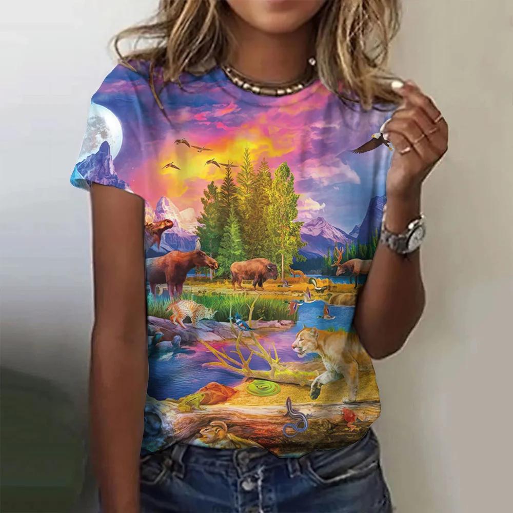 Summer Fashion Blouse Women's Tshirts Basic Oversized Female Clothing 3d Wild Animals Theme T Shirt Casual Tees Short Sleeve Top