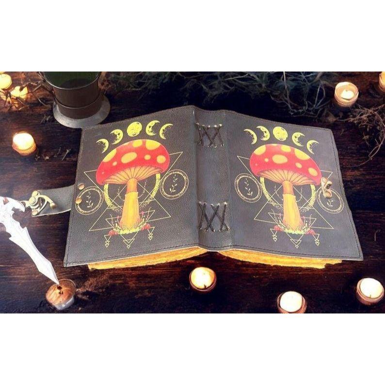 Grimoire Vintage Mushroom leather journal, Handmade Antique Deckle Edge Paper Spell Book of Shadows Journal for gifts