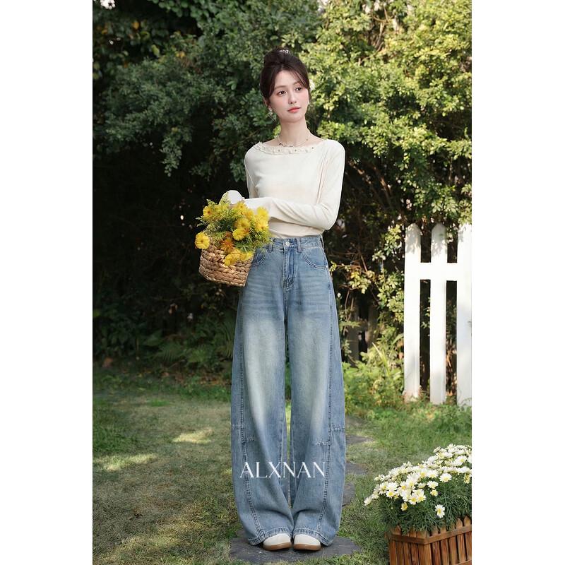 Luxiangnan Women's Blue High-Waisted Wide-Leg Jeans