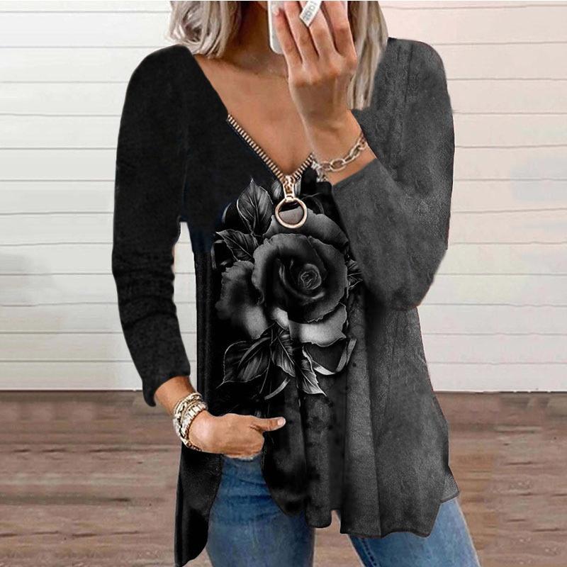 

FASHION Women s Fashion V-Neck Zipper Rose Flower Print Long-Sleeved Casual Loose Shirt Top 3XL сірий