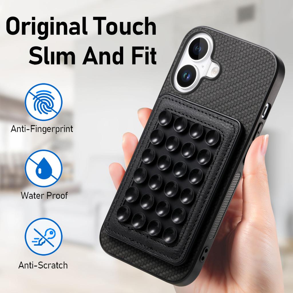 For iPhone 16 Plus Case Carbon Fiber Texture Leather Back Cover with Magnetic Detachable Suction Cup