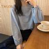 Women T-shirt Round Neck Lantern Long Sleeve Elastic Cuffs Tee Shirt Solid Color Loose Fit Pullover Tops Daily Wear