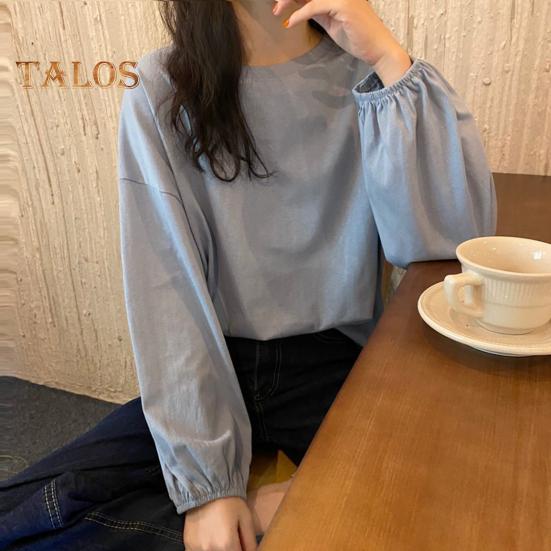 Women T-shirt Round Neck Lantern Long Sleeve Elastic Cuffs Tee Shirt Solid Color Loose Fit Pullover Tops Daily Wear