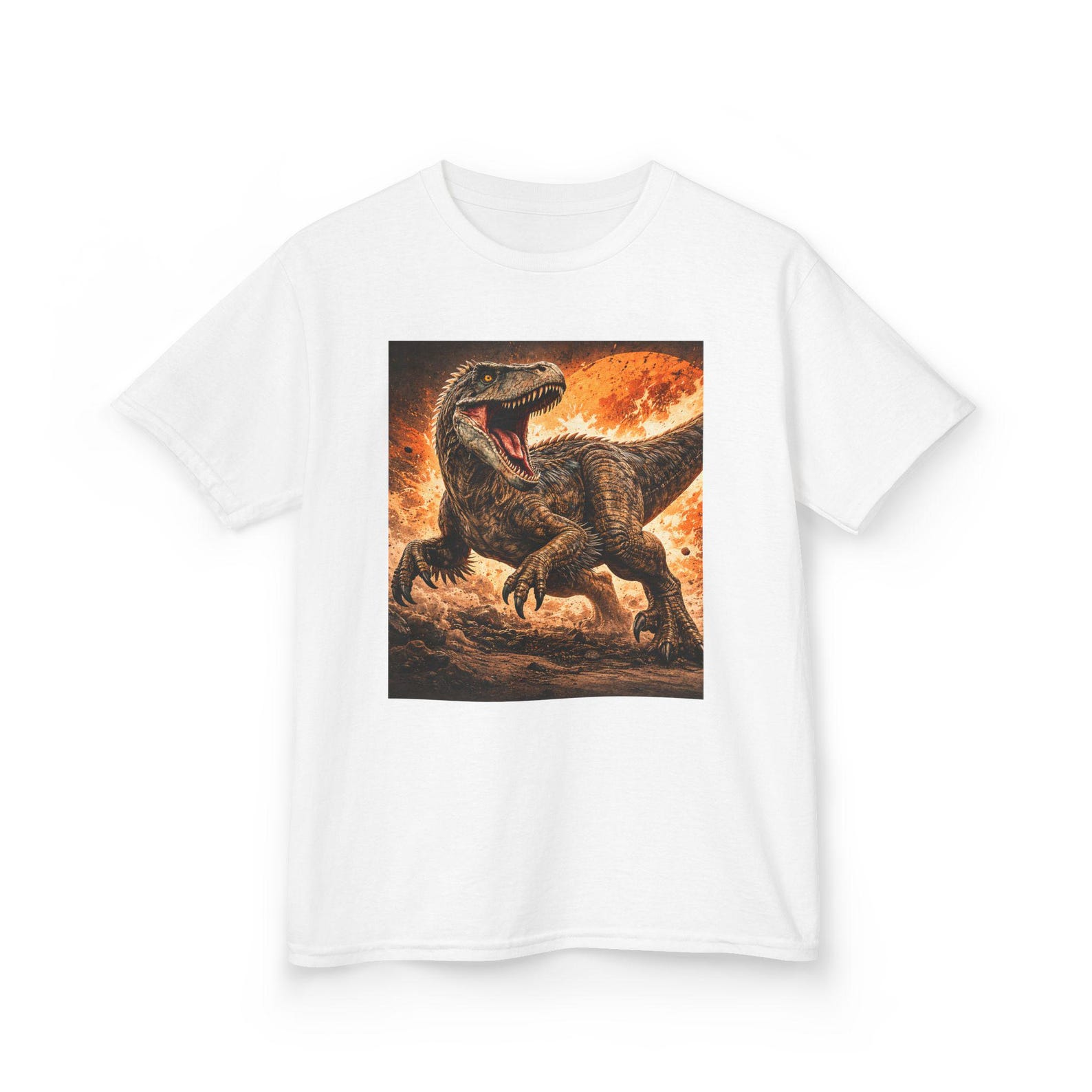 Roaring Raptor Dinosaur Kids Tee - Velociraptor Volcano Graphic 2XL