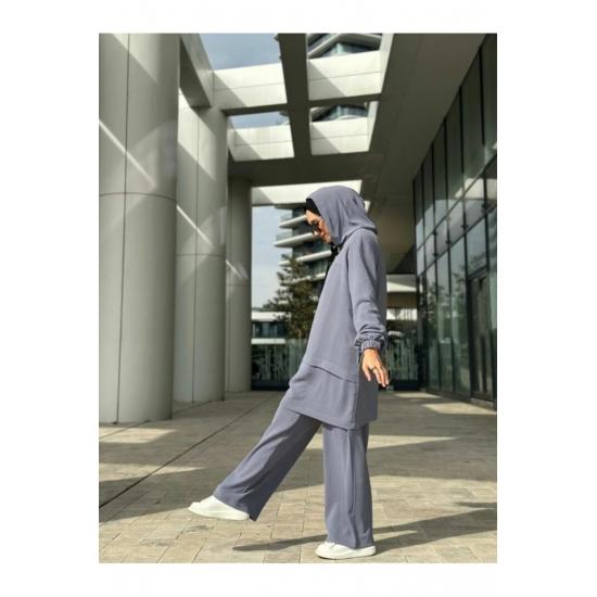 Women's Hooded Zippered Sleeves Elastic Wide Leg Pants Suit