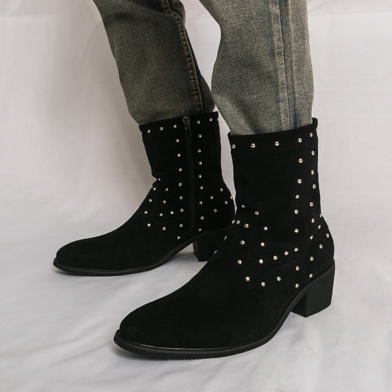 Men's Large Suede Leather Rivet Pointed Toe Ankle Boots - Medium Heel Fashion Knight Boots