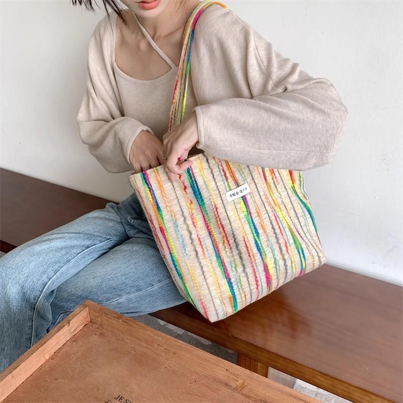 Little White Rabbit, Korean Rainbow Stripe Canvas Bag Heavy Industry Three-dimensional Embroidery Underarm Bag Large Capacity Handbag