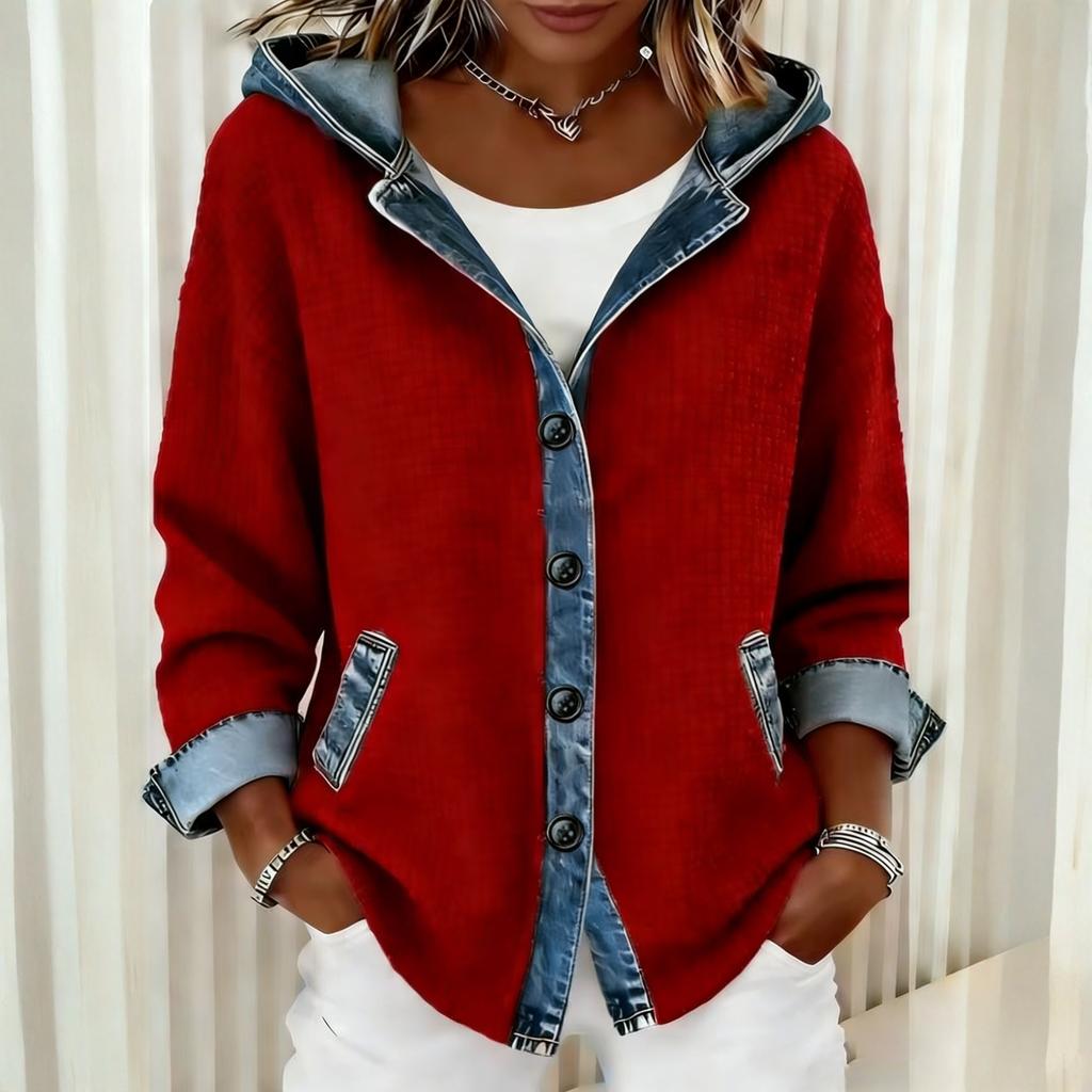 Damen Karo Denim Kapuzenpullover Patchwork Denim Pullover Langarm für Damen