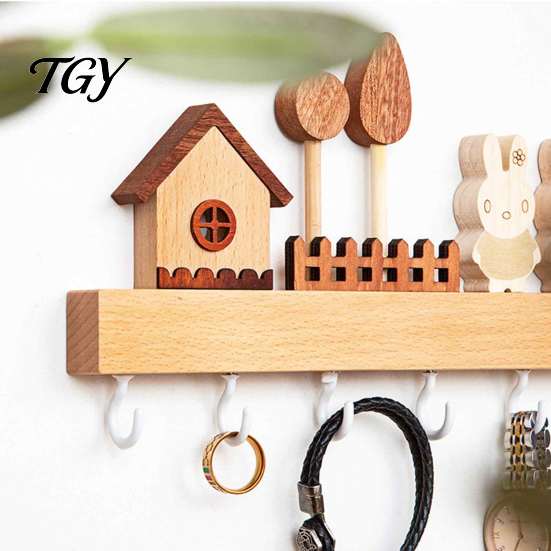 Wall Mounted Key Holder Wooden with 6 Hooks, Decorative Entryway Organizer Kitchen Tool Storage Hook Rack, Easy Mount Installation Hanger for