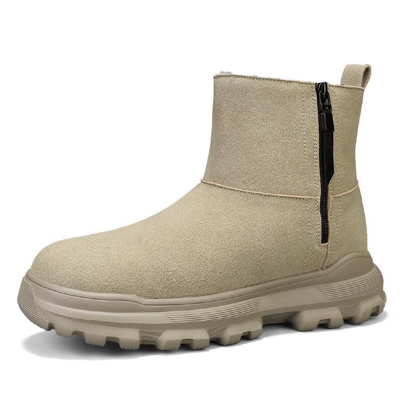 Snow Boots Winter Warm Cotton Boots, Cow Suede Velvet High-top Shoes Men's Boots Leather Side Zipper Platform Men's Shoes