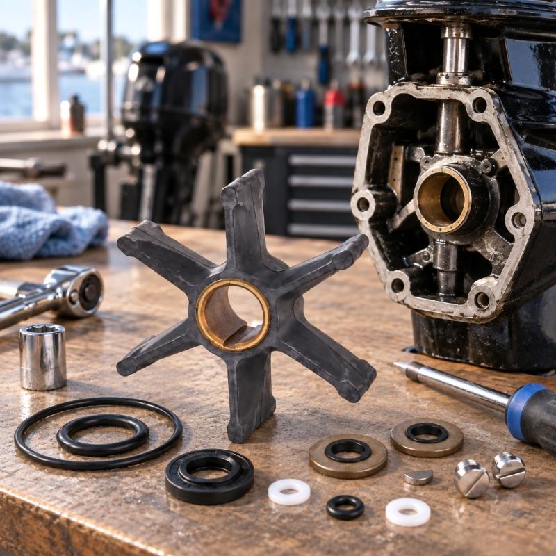 Neoprene Outboard Motor Water Pump Impeller with Keyed Brass Sleeve, Six Radially Arranged Blades and Reference Numbers 379475 and 777130