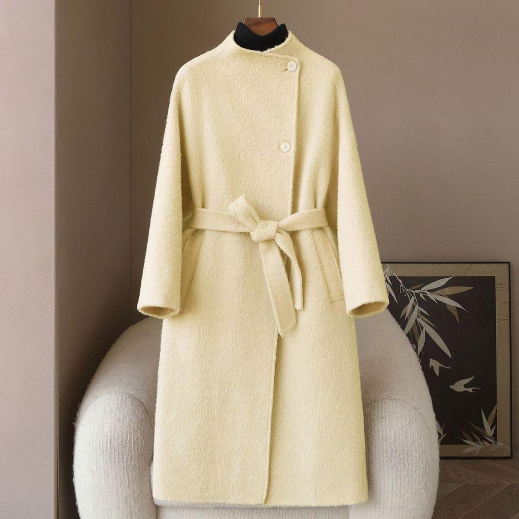 2026 Spring Alpaca Double-Faced Wool Plus Size Women's Long Belted Coat