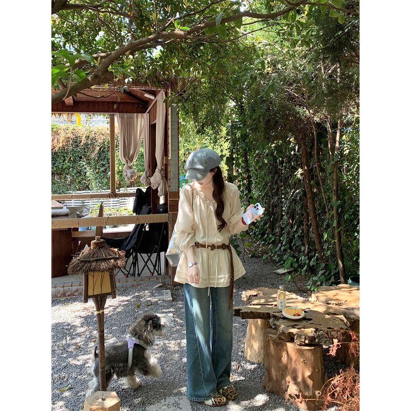 Kumikumi Sweet Style Wooden Ear Lace-up Long Sleeve Shirts Women Clothes Autumn Age-Reducing Chic Loose All-Match Top