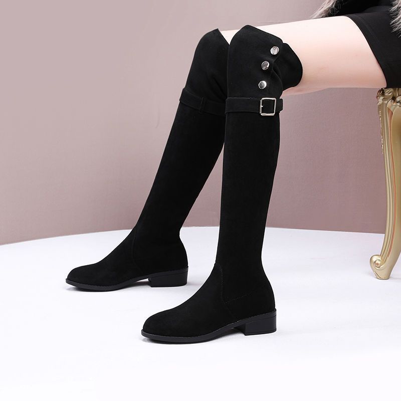 

Популярные в этом году женские осенне-зимние бархатные тонкие ботфорты на среднем высоком каблуке, тонкие эластичные ботинки, высокие сапоги 40