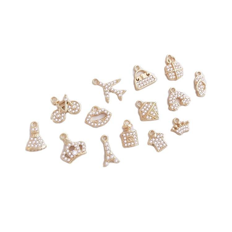 14K Gold-Filled Micro-Pave Zircon Small Charms: Girl's Business Trip Series - Handbag, Perfume, Dress, Crown DIY Pendant