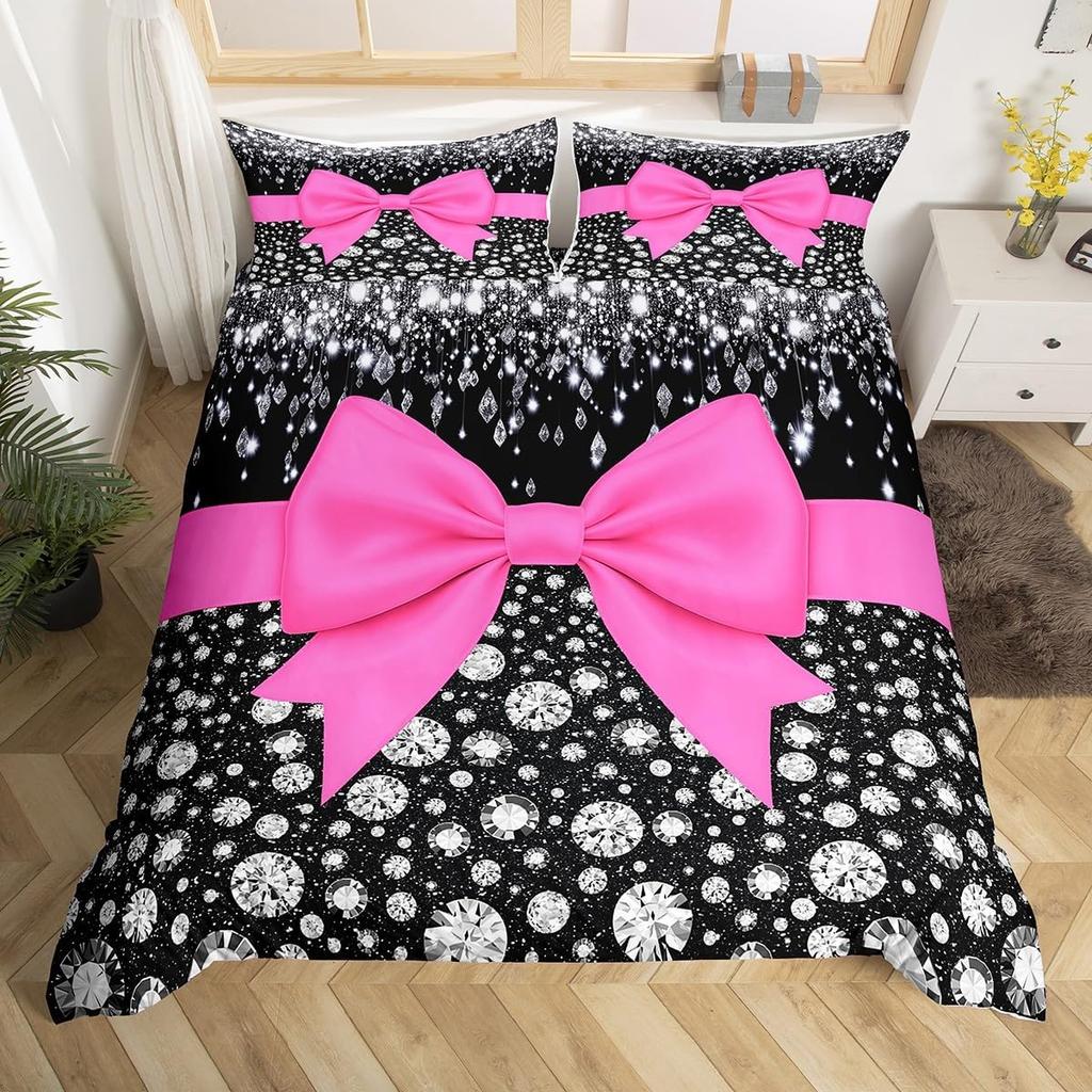 Pink Bow Duvet Cover Set For Kids Adults Girls Dreamy Princess Style Bedding Set Kawaii Bowknot Comforter Cover With Pillowcases