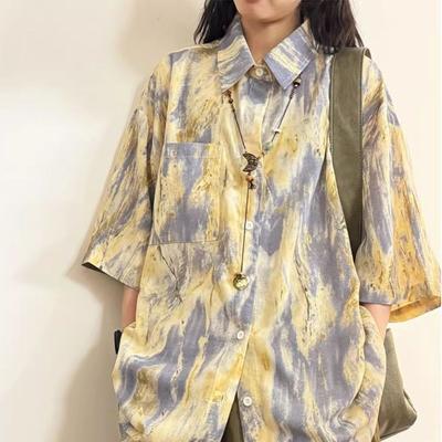 Japanese Printed Female's Short Sleeved Shirts Summer Single Pocket Cardigan Blouses Loose Turn-down Collar New Clothing