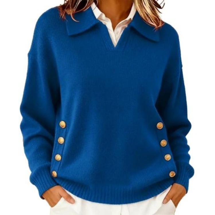 

Winter Autumn Women Pullover Sweater Lapel Button Knit Tops Long Sleeve Loose Fit Solid Color with Pockets S синий
