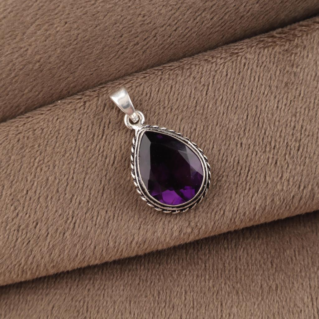 Amethyst Gemstone Silver Handmade Pendant 1.3" , 925 Sterling Silver Wedding Gift For Her APP-3-14