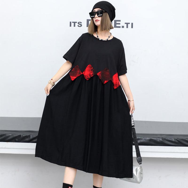 2024 Plus Size Women’s Summer Mid-Length Color Block Short Sleeve Loose Dress