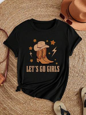 Damska Koszulka Vintage Kowboj LetS Go Girls Nadruk Krótki Rękaw T-shirty Lato Uliczna Moda Topy Dekolt Okrągły Luźne Damskie Ubrania