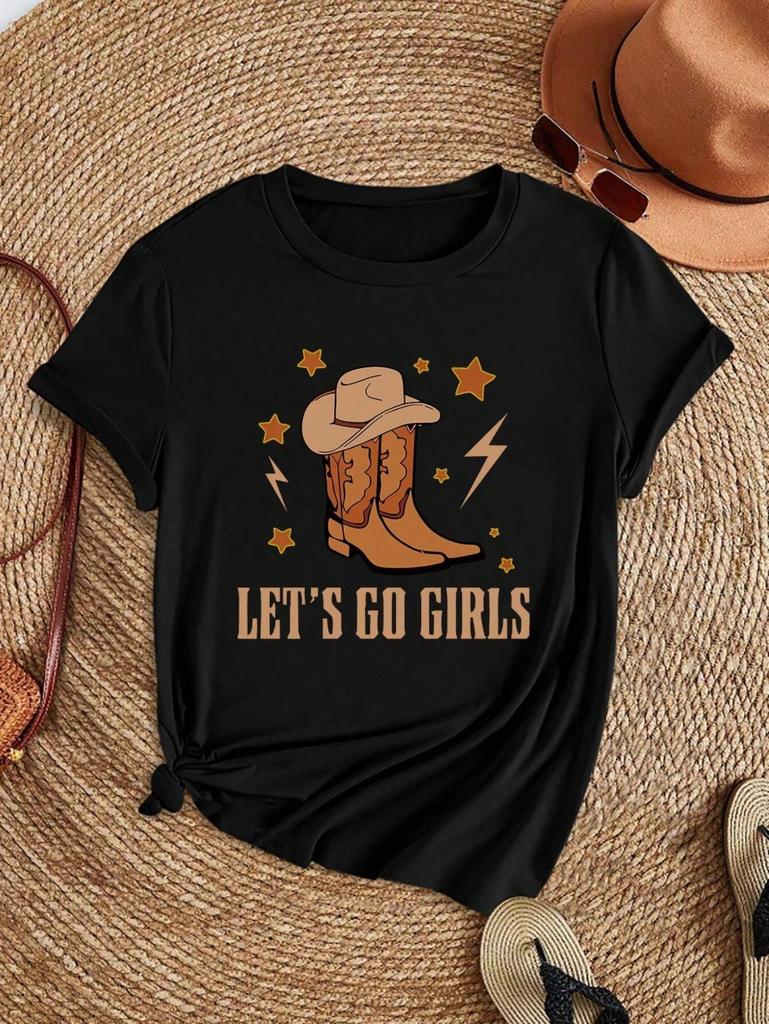 Casual Women T-Shirt Vintage Cowboy Let'S Go Girls Printing Short Sleeve Teessummer Street Fashion Tops O-Neck Female Clothes