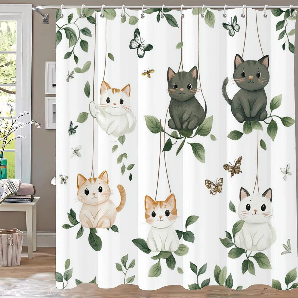 Cartoon Cat Shower Curtain, Plant leaves Bathroom Decorative Shower Curtain, Printed Fabric Home Curtain with Hooks