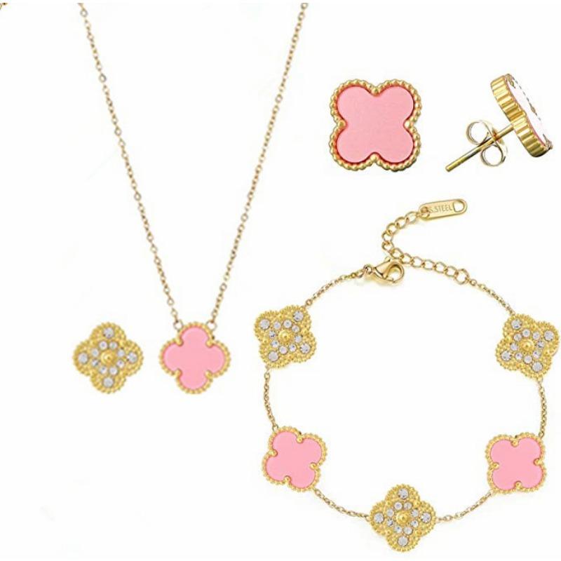 3PCS New Diamond Studded Clover Necklace Bracelet Earring Set