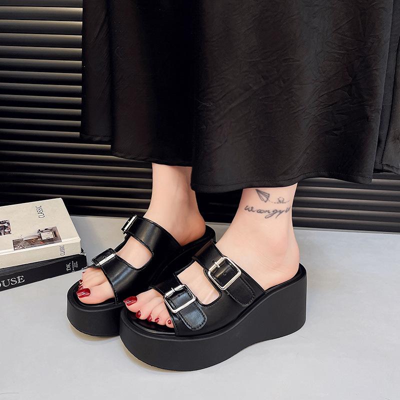 Super high heel slope heel cool slippers spring new fashion belt buckle simple style small person height wear sandals