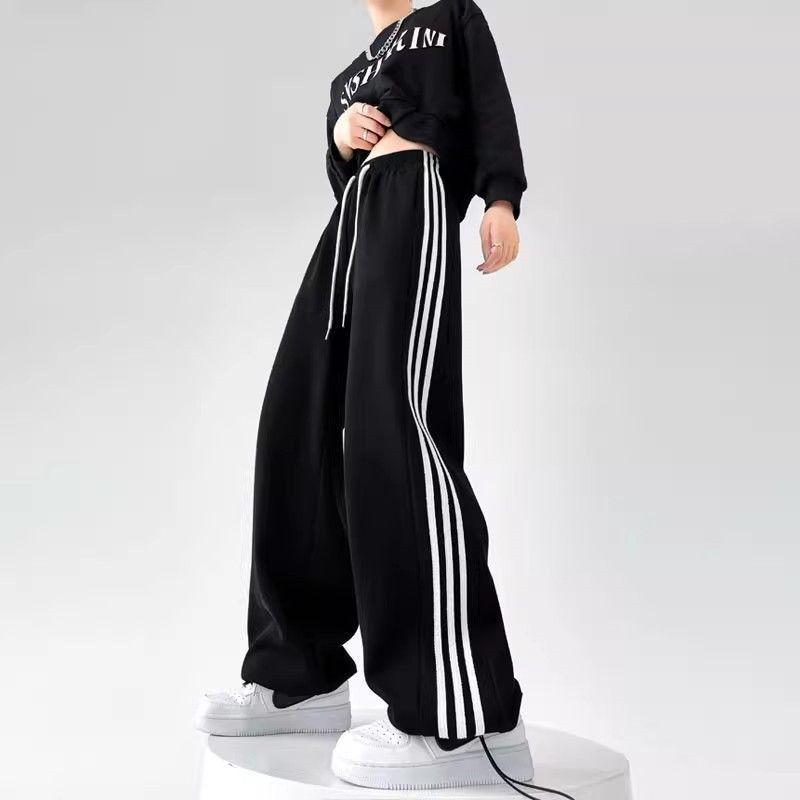 Γκρι Γυναικεία Ψηλόμεση Φαρδιά Φόρμα με Τρεις Ρίγες - Συλλογή Άνοιξη 2025, Κολακευτική, Ευέλικτη, Casual με Κορδόνι.