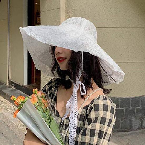 UV Lace Sun Hat with Wide Makes Face Look Smaller [LeafIn] Women's Hat, Protection, Hat, Spring/Summer, Hat, Drawstring, Brim, (Adult, White)