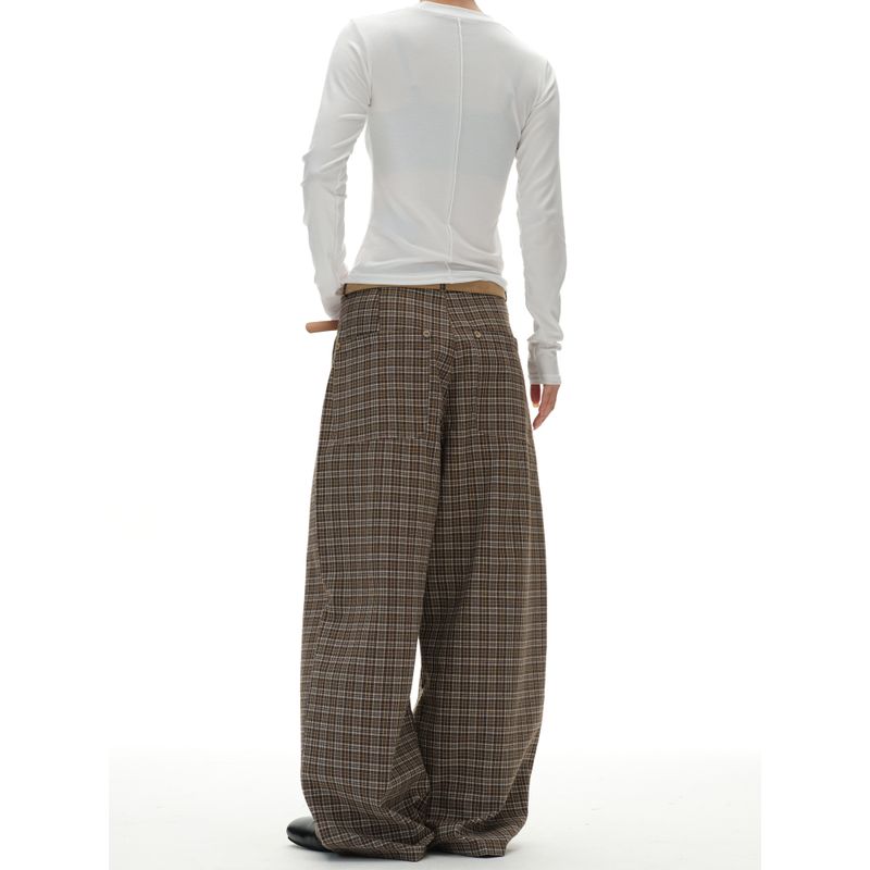 Kisko American Retro Double-Pleated Brown Plaid Drape Casual Pants for Men and Women, High-End Loose Straight-Leg Long Pants