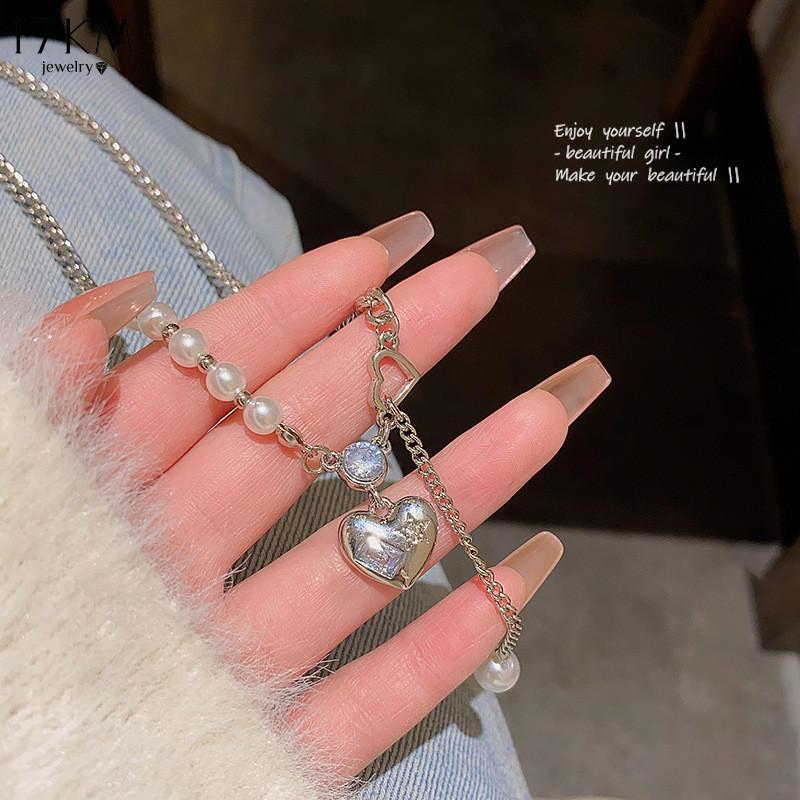 17KM Luxury Heart Plastic Necklace for Women Crystal Tassel Spliced Silver Chain Choker Accessories Jewelry
